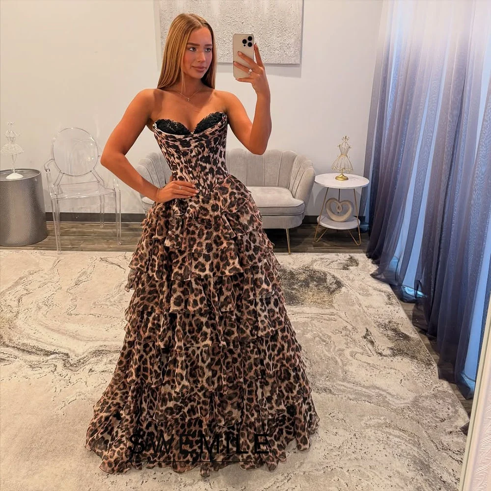 Leopard Print Prom Dresses 2026 Strapless Tiered A-line Side Slit Wedding Guest Dress Breathable Chiffon Long Formal Gowns