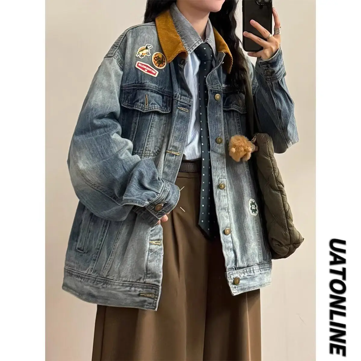 

Waed Denim Jaet Women Loose Fitting Vintage American Sle High Street Autumn Winter Outerwear Youth Stand Fit