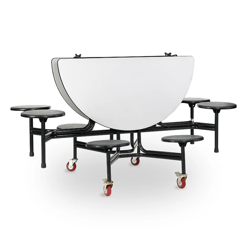 Hot Sale Modern Movable Dining Table Set 8-Seater Round Folding School Canteen Tables with Wheels Made of Wood and Metal