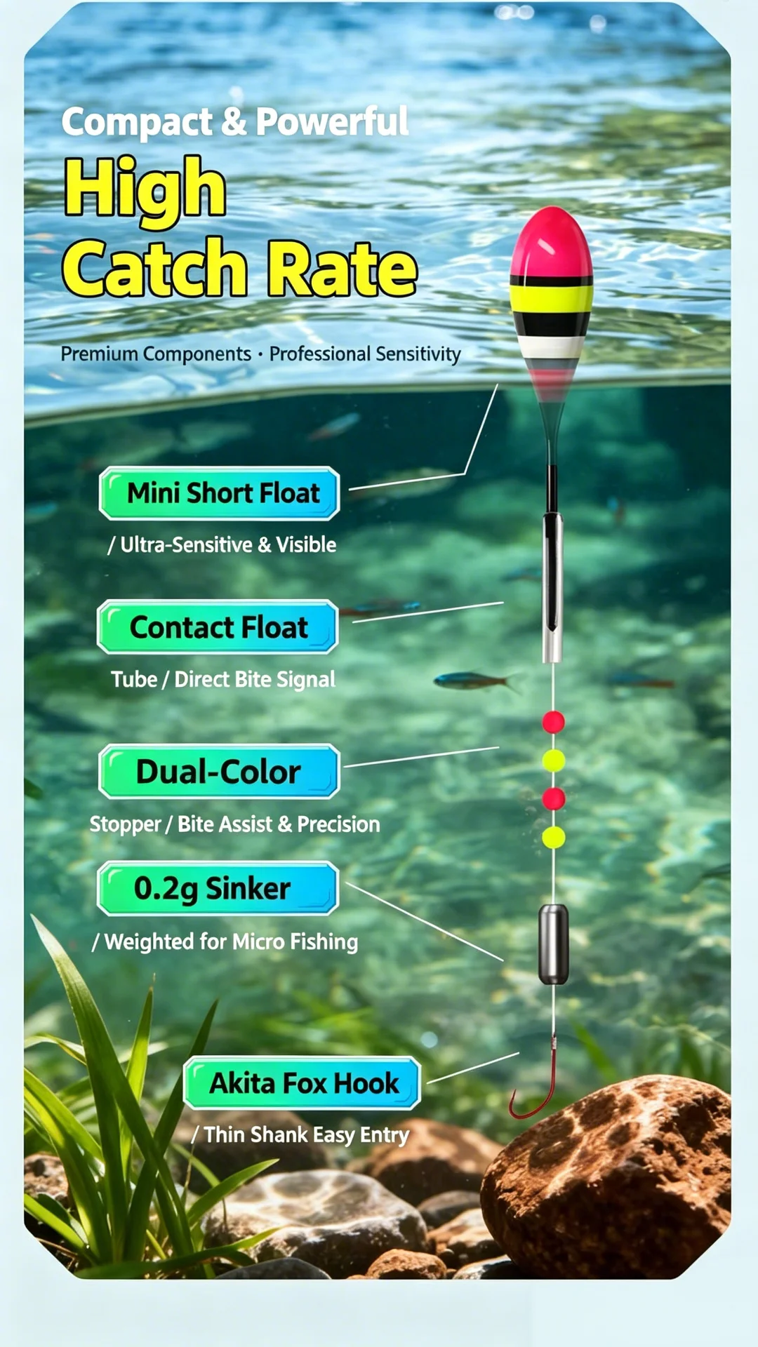 Gebrauchsfertige Stream Float Rig Einzelhaken von Akita Fox, 0,2 g gewichtet, für Mikrofischen auf Forellen, Panfish und Minnows. – Detail 6