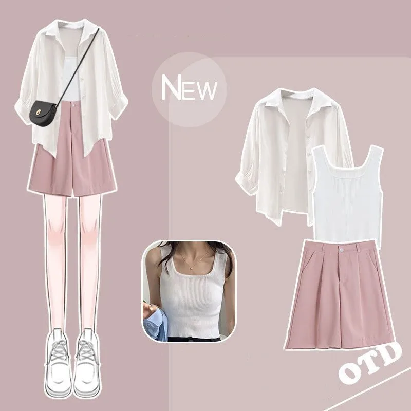 Spring and summer new women's fashionable sun protection shirt+slim fit vest+casual shorts three piece set