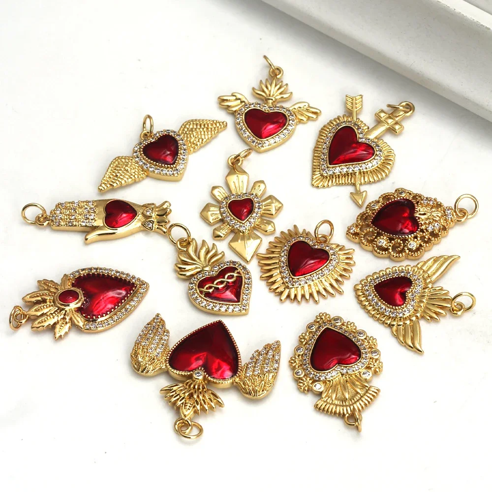 Ciondolo a forma di cuore rosso sacro Vintage ciondolo con ciondolo in zircone d\'amore ala di moda placcato in oro reale 18 carati per risultati di