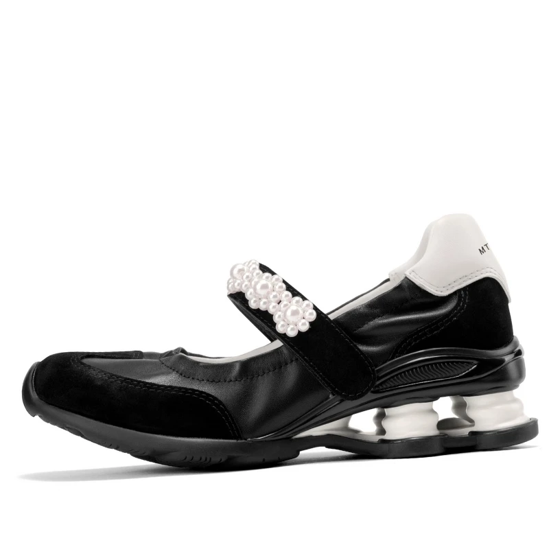 

Genuine Leather Pearl Black White Design Breathable Training Shoes Women's Hollow Out Non Slip Heel Shallow Mouth Casual Shoes