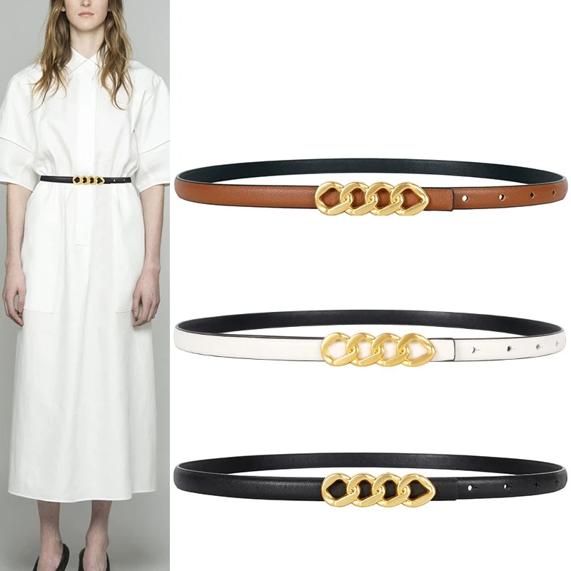 

Genuine Leather Womens Belt Skinny Waist Belt with Gold Oval Buckle for Dress Pants