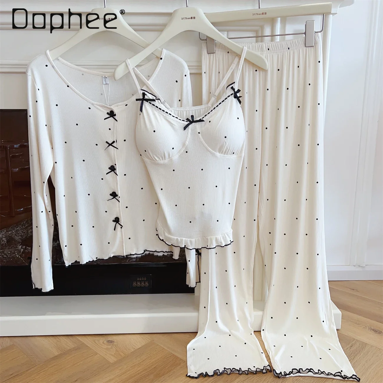 

Polka Dot Modal Pajama Three Piece Sets with Chest Pad Bow Long Sleeve Cardigan + Camisole + Elastic Waist Pants Sleepwear