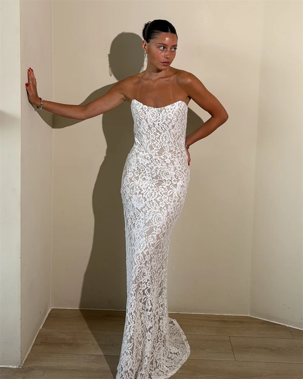 Suknia ślubna w stylu syreny, bez ramiączek, z białej koronki, szyta na miarę w Kiotoku, elegancka, bez rękawów, vestidos de noche, długa do podłogi, formalna suknia wieczorowa.