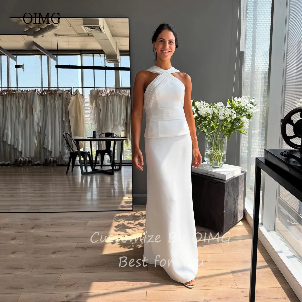 OIMG Ivory Halter Straight Wedding Dress Cap Sleeves Bride Dresses Floor Length Wedding Gowns vestidos de festa Customized