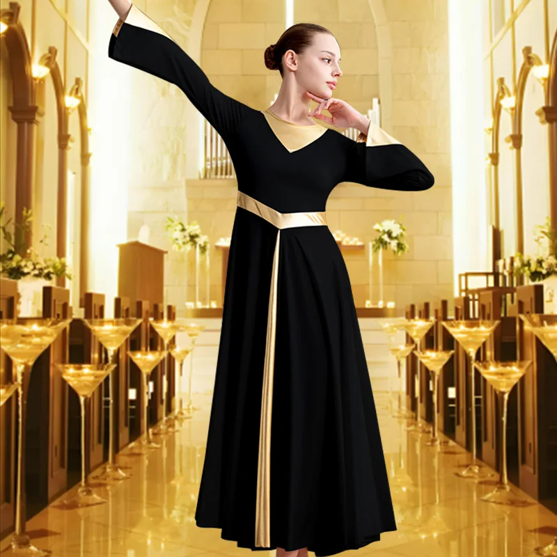 Women's Praise Dance Dress Long Sleeve Loose Fit Church Dancewear Metallic Full Length Liturgical Worship Costume Dance Dress
