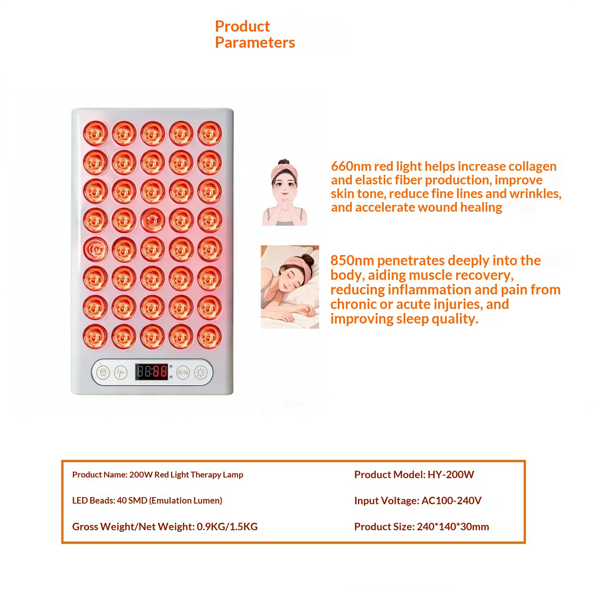 Panel de terapia de luz roja Led temporizador regulable de 660nm 850nm con soporte de mesa para dispositivos de belleza LED con luz de terapia infrarroja facial