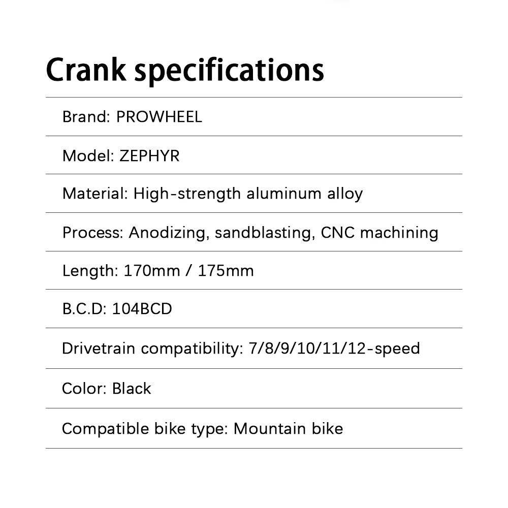 Prowheel Mountainbike Kurbelgarnitur mit Vierkantloch 170/75mm 32/34/36/38/40/42/44/46/48/50/52T Kettenblatt 104BCD 1x8/9/10/11/12S MTB Kurbelsatz – Detail 2