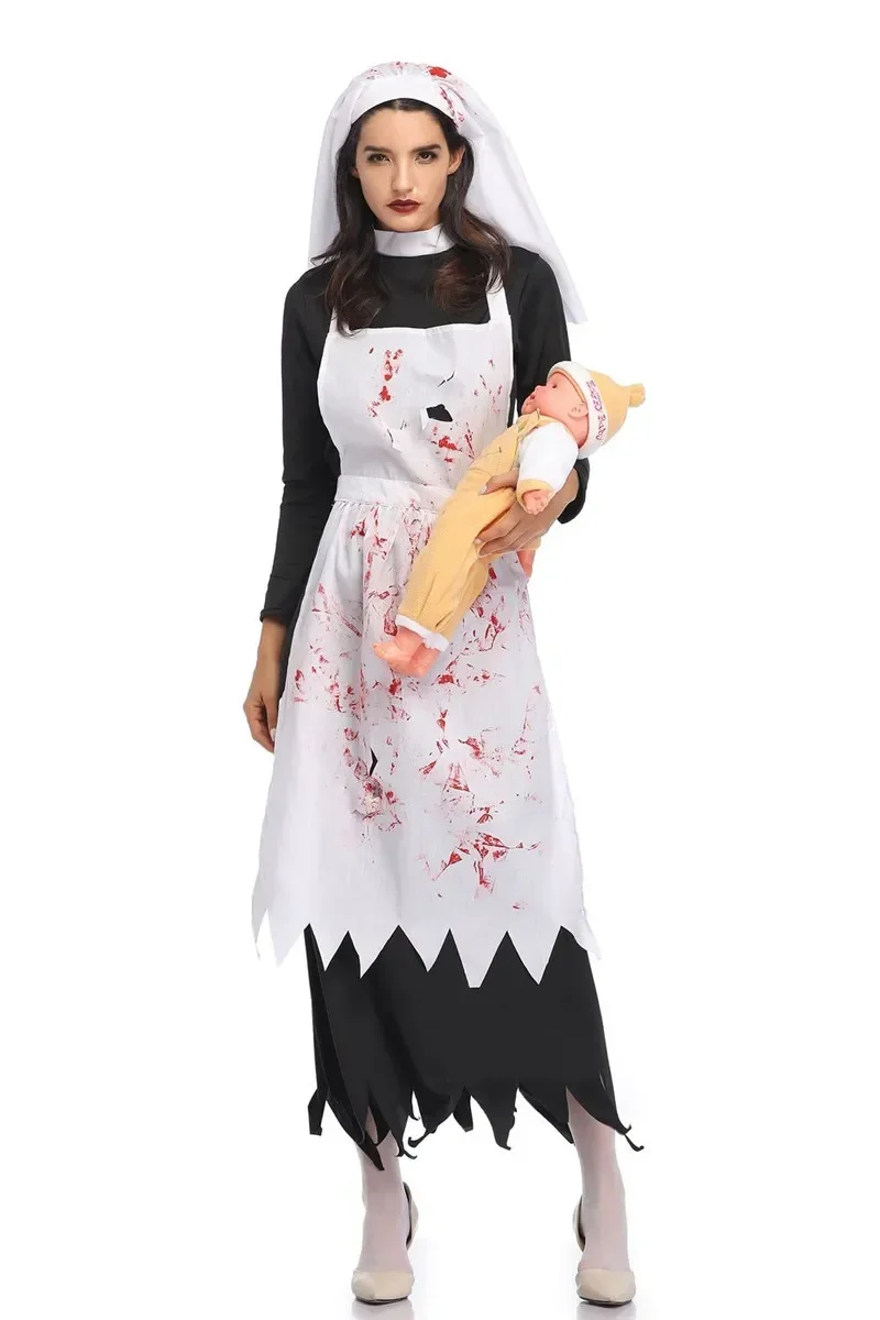 Halloween Costume Adult Horror Bloody Nun Costume Cosplay Nun Maid Zombie Irregular Long Dress