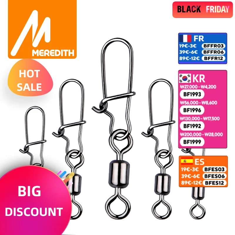 MEREDITH 50PCS Pike Fishing Accessories Connector Pin Bearing Rolling Swivel Stainless Steel Snap Fishhook Lure Swivels Tackle