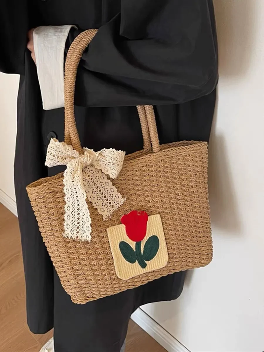 Grass Woven Bag Female Large Capacity Shoulder Package 2024 Holiday Beach Grass Bag Woven Vegetable Basket Tote Bucket Bag