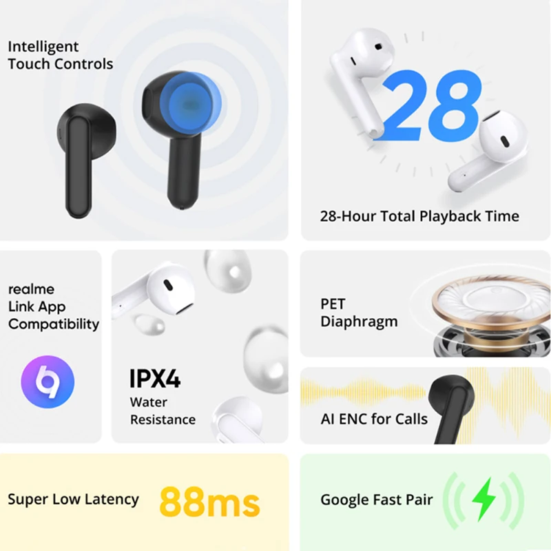 جديد Realme Buds T01 سماعة أذن لاسلكية حقيقية AI إلغاء الضوضاء TWS بلوتوث 5.4 IPX4 مقاوم للماء 28H عمر البطارية سماعة