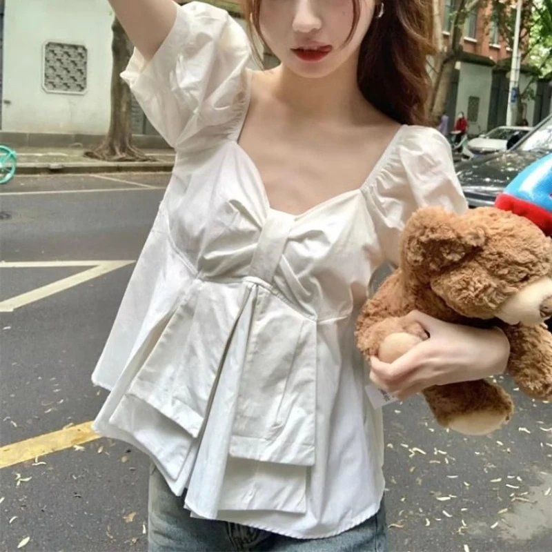 

Ruffles Shirts And Blouses For Women Fashion Top Female Square Collar Shirts Korean Style Bow Short Sleeve Blouse White Clothes