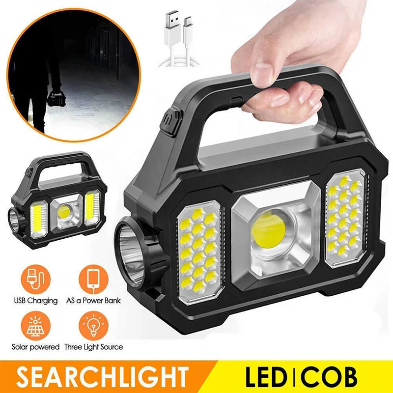 

Solar LED Portable Solar Work Lights USB Rechargeable 6 Modes Flashlight Hand-held Searchlight Power Pack COB Camping Torc