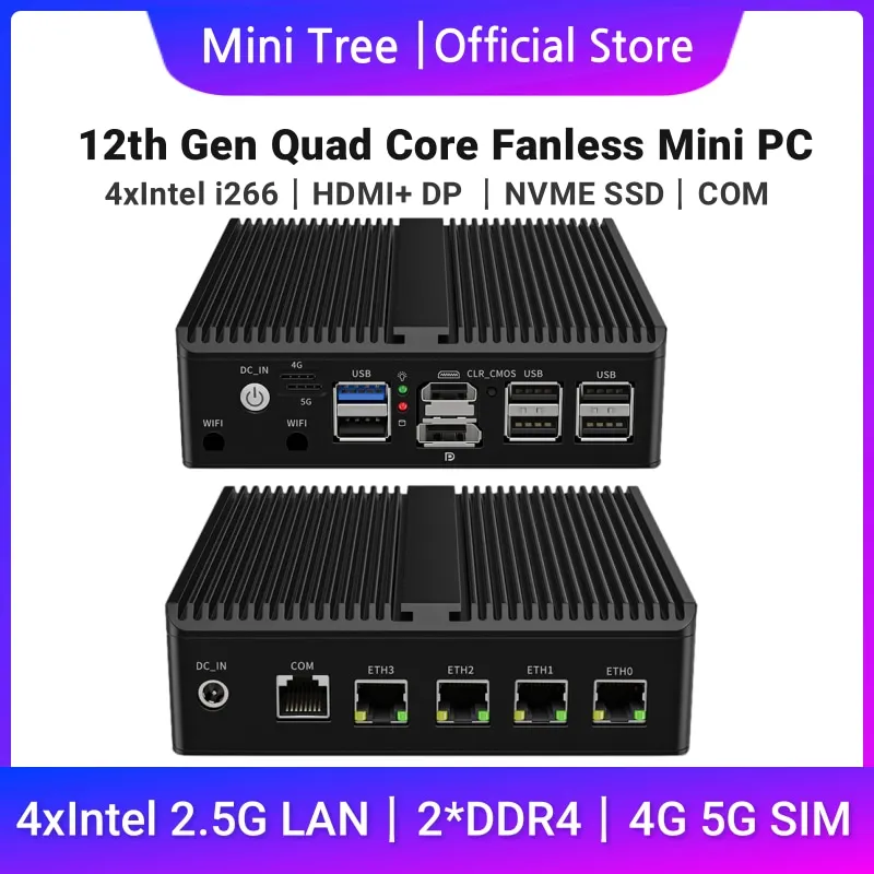 ファンレス4x2.5G LANミニPC Proxmoxホスト Celeron J6412 J6413 HD DP Linux Ubuntu産業用ミニコンピュータ 5G WIFI RS232対応