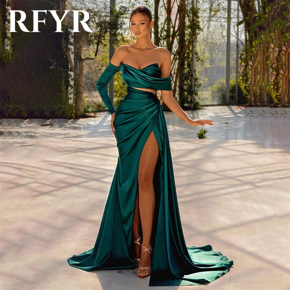 

RFYR Dubai Green Elegant Evening Dress with Pleat Trumpet Arabic Israel Prom Dress Off the Shoulder Formal Party Gown Customized