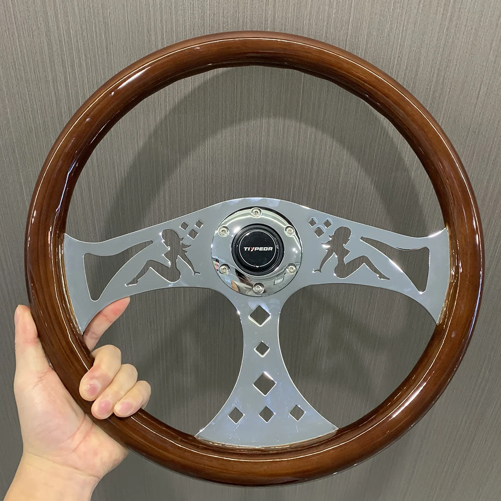 

TIYPEOR Universal Wooden Girl Pattern Solid Wood Steering Wheel 15inch 380mm Steering Wheel