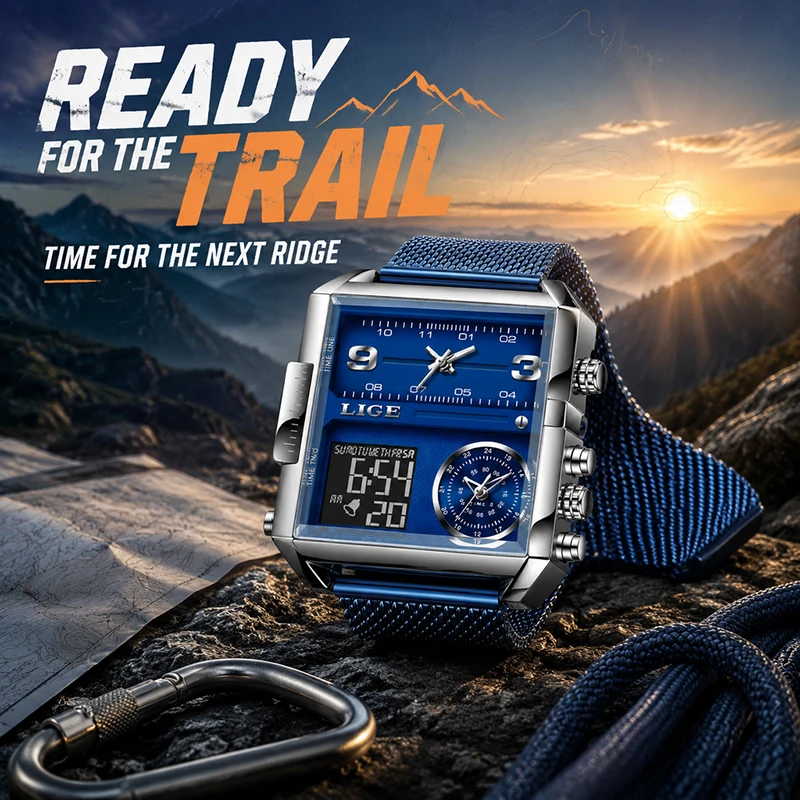 LIGE Fashion Outdoor Electronic Man Watch Casual Sport Date Waterproof Steel Band Alarm Dual Time Quartz Digital Watches for Men