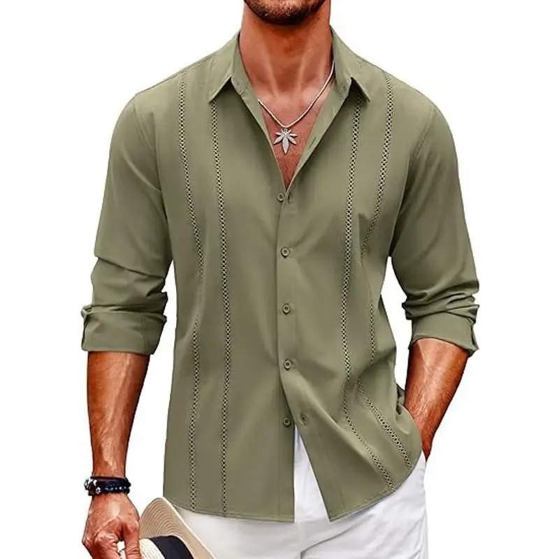 2025 Summer Men Casual Shirt Men Breathable Hollow Out Shirt Men Long Sleeve Lapel Lightweight Top Men Loose Shirts