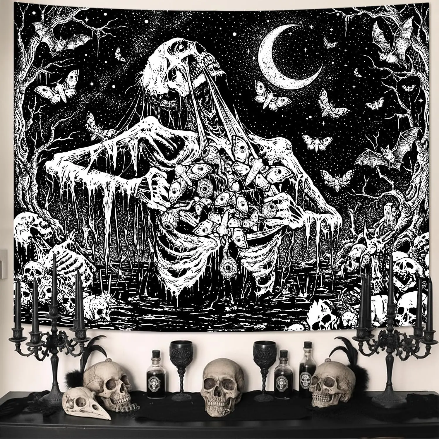 Wall Tapestry for Bedroom Wall Tapestry Aesthetic Gothic Black and White Tapestry, Dark Skeleton Skull Moth Demon Moon