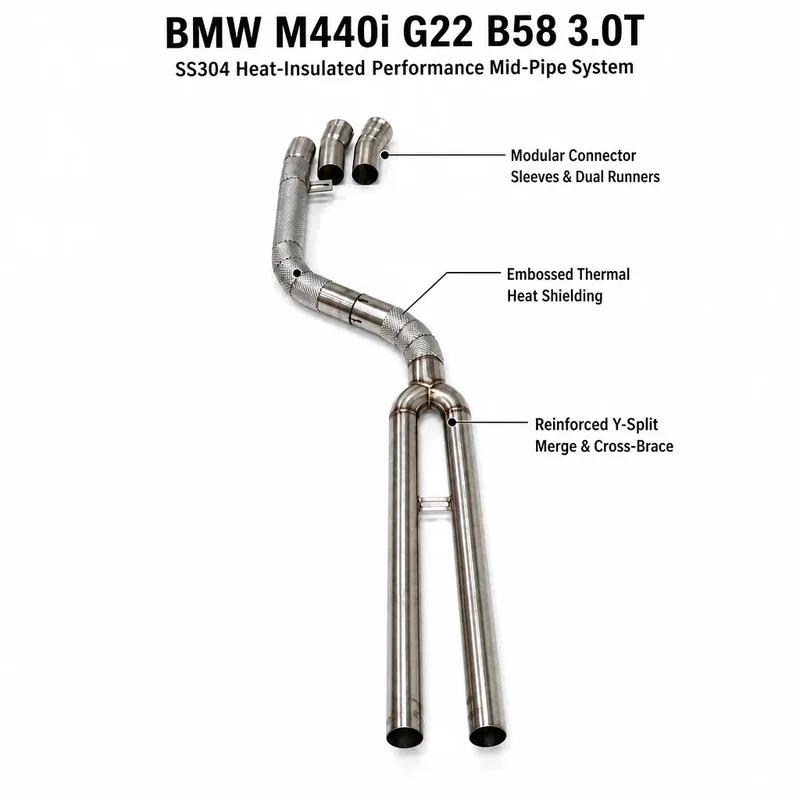 Twin Resonated Insulated Midpipe Exhaust for BMW M440i G22 B58 3.0T Mandrel Bent Stainless Tuning Pipe