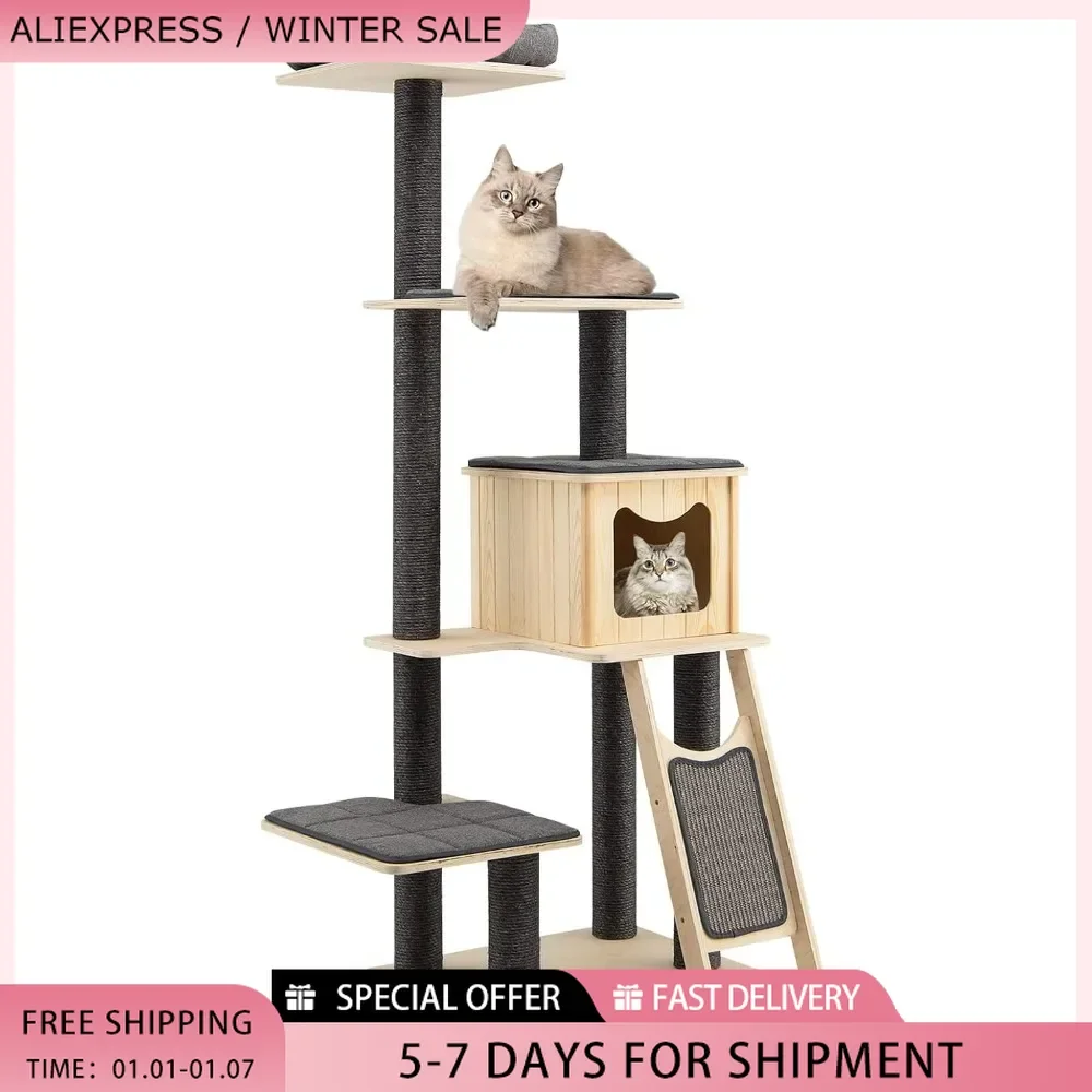 Tall Cat Tree, 69 Inch 5-Tier Wood Cats Tower with Scratching Sisal Posts and Washable Cushions,Cute Cats Condo,Modern Cat Tree