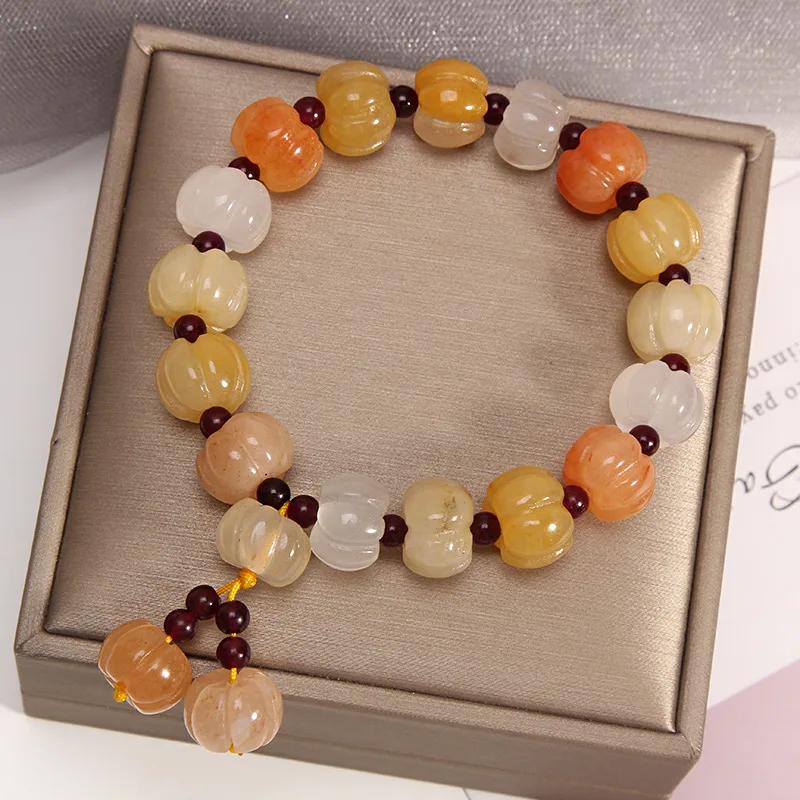 

Natural Xinjiang Golden Silk Jade Bracelet Pumpkin Bead Bamboo Joint Design for Men Women Couples Best Friends Gifts