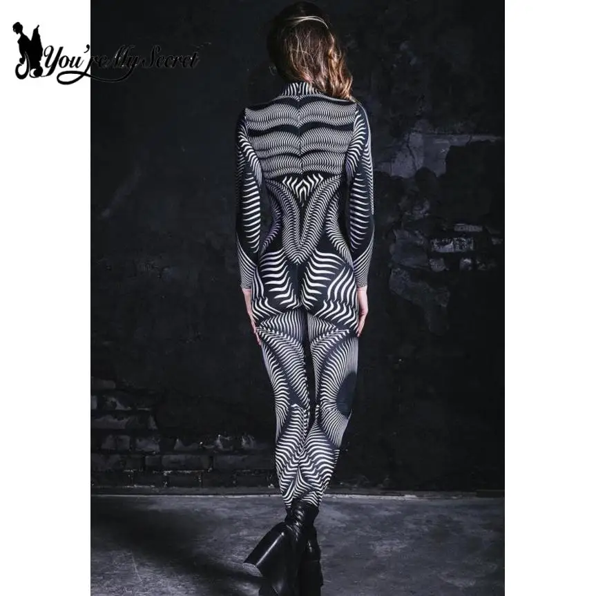 [You're My Secret]Women Men Skinny Zebra Stripe Printing Elastic Bodysuit Halloween Party Cosplay Costumes Fancy Outfit Catsuits