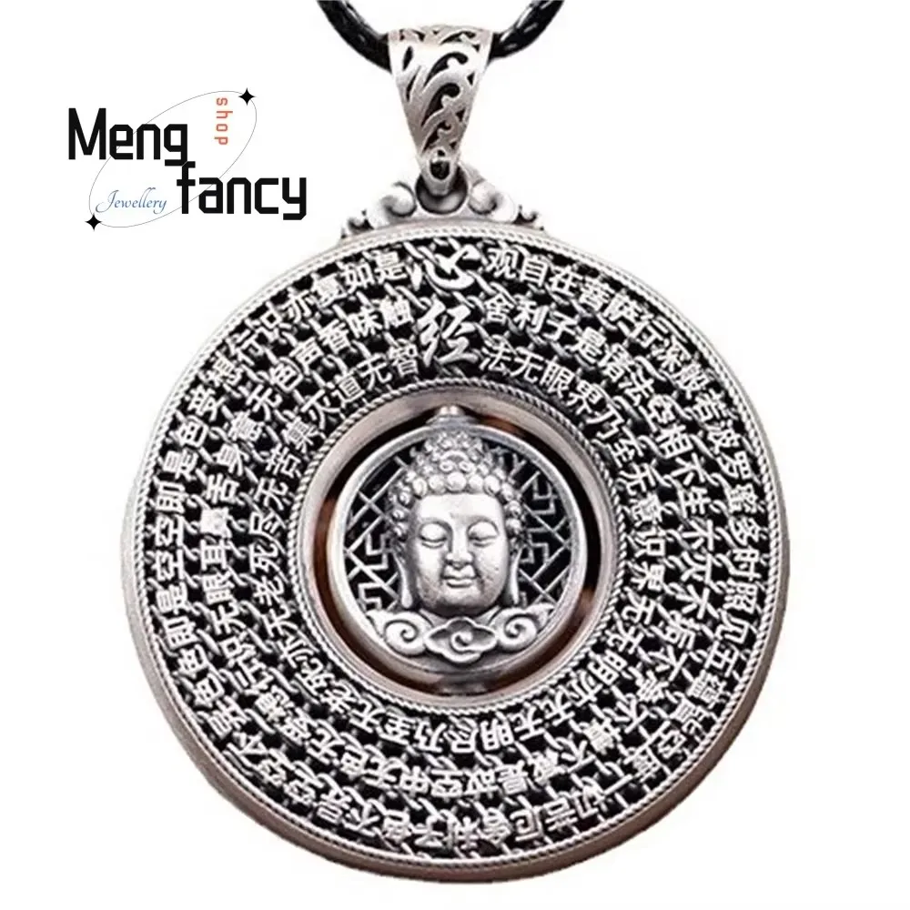 Trend Personalised Rotatable Peace Buckle Heart Sutra Buddha Head Pendant Thai Silver Openwork Retro Ethnic Style Luxury Jewelry