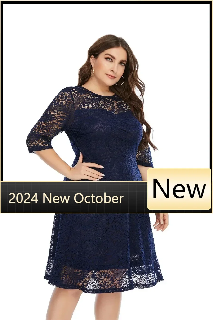 Plus Size Contrast Lace Semi Sheer 3/4 Sleeve Midi Dress, Women's Plus Slight Stretch Elegant Midi Dress