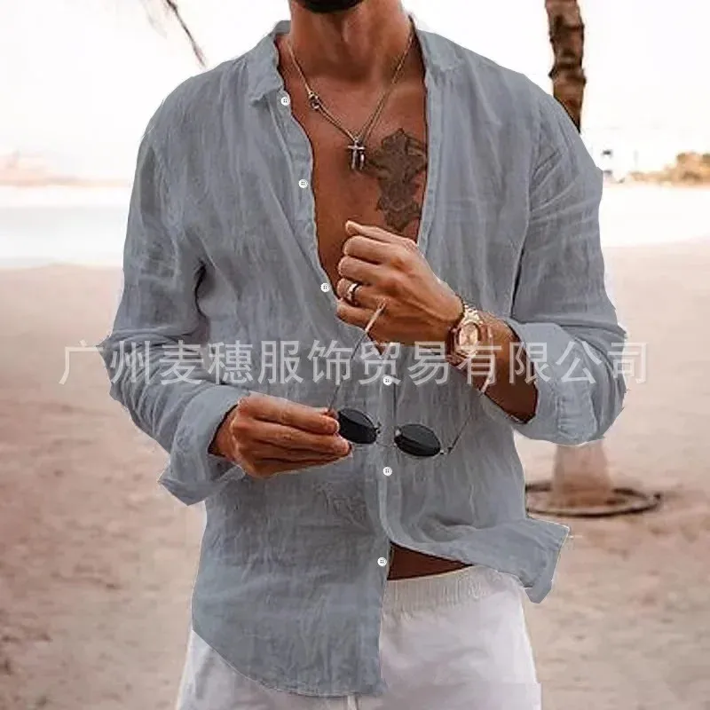 2026 Men's Cotton Linen Shirts Top Simple Laple Solid Man Shirts Tops Comfortable Loose Casual Holiday Shirts for Men Blouses