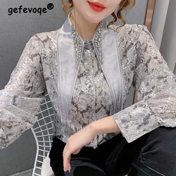 Women Vintage Rhinestone Pointed Collar Designer Party Shirts Spring Autumn Fashion Print Elegant Blouses Long Sleeve Loose Tops