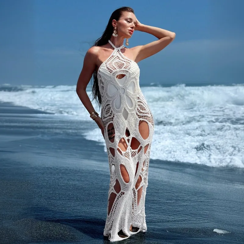 Hollow Out Hand Crochet Knitted Bikini Cover-up Holiday Maxi Dress Women Sexy Lace Up Halter Backless Vacation Beach Long Robes