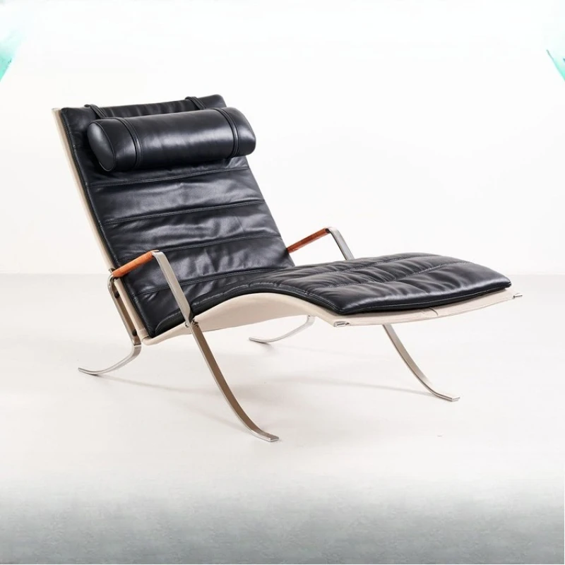 Light luxury designer stainless steel headrest, backrest, armrest, leather recliner, living room lazy single casual sofa chair