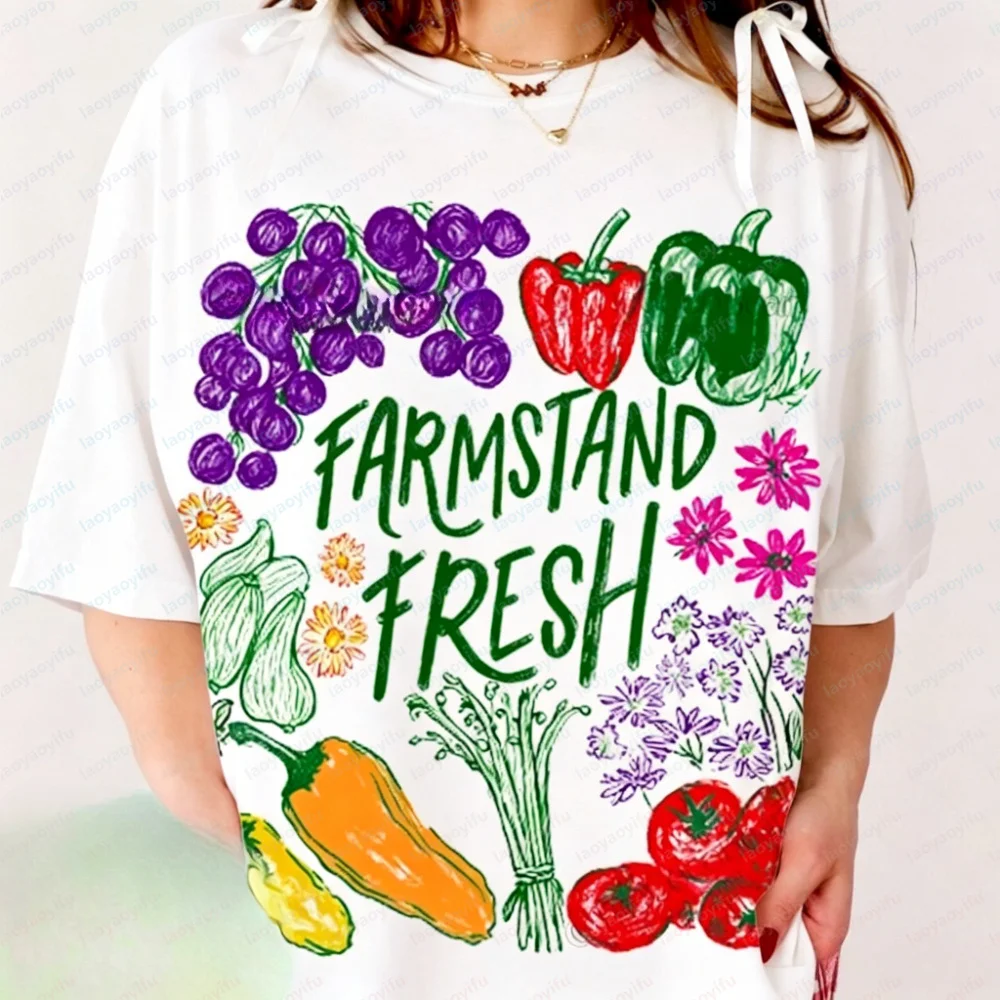 Farmer's Market Aesthetic T-Shirt  Tomato Cottagecore Fruit and Veggies Cotton Top Women's Summer Travel Graphic Tee Y2k Top