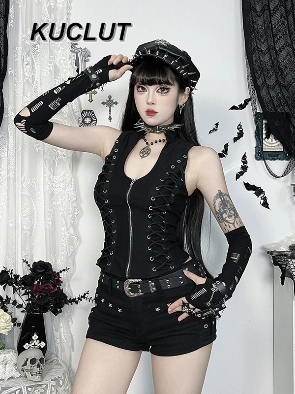 고스 펑크 스타일 블랙 지퍼 업 숙녀 섹시한 조끼 어두운 섹시한 스트랩 멜빵 탑 패션 2025 뉴 여름 여성 탱크 탑