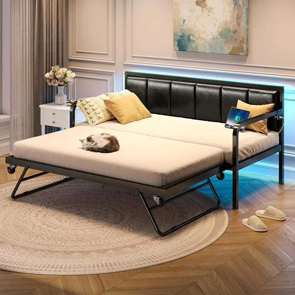 Daybed with USB Charging Station and LED Height Adjustable Twin Daybed with Trundle Upholstered Bed Frame