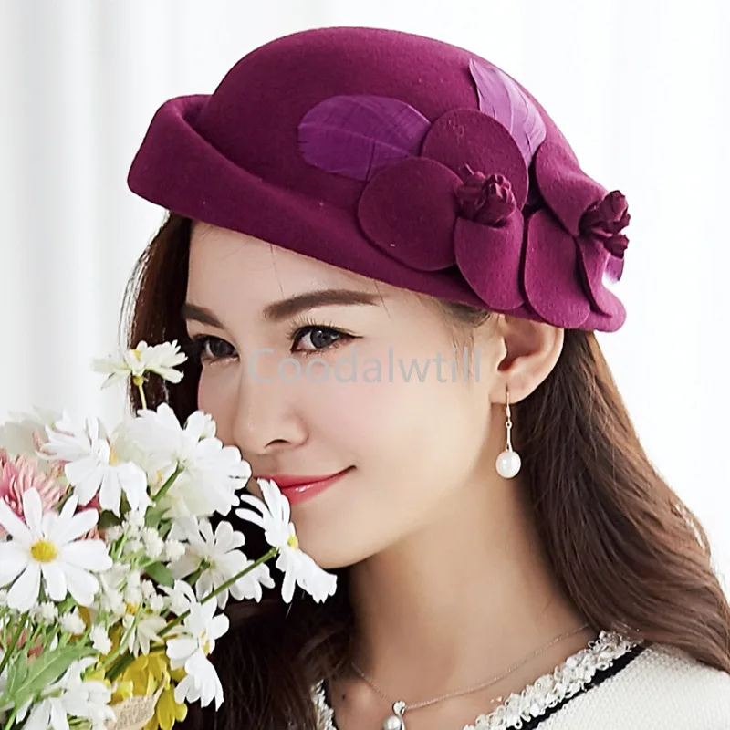 Women 100% Wool Felt Fedoras Winter Vintage Cloche Hat With Flower Up Turn Brim Bowler Pillbox Cap Party Ladies Beret Caps