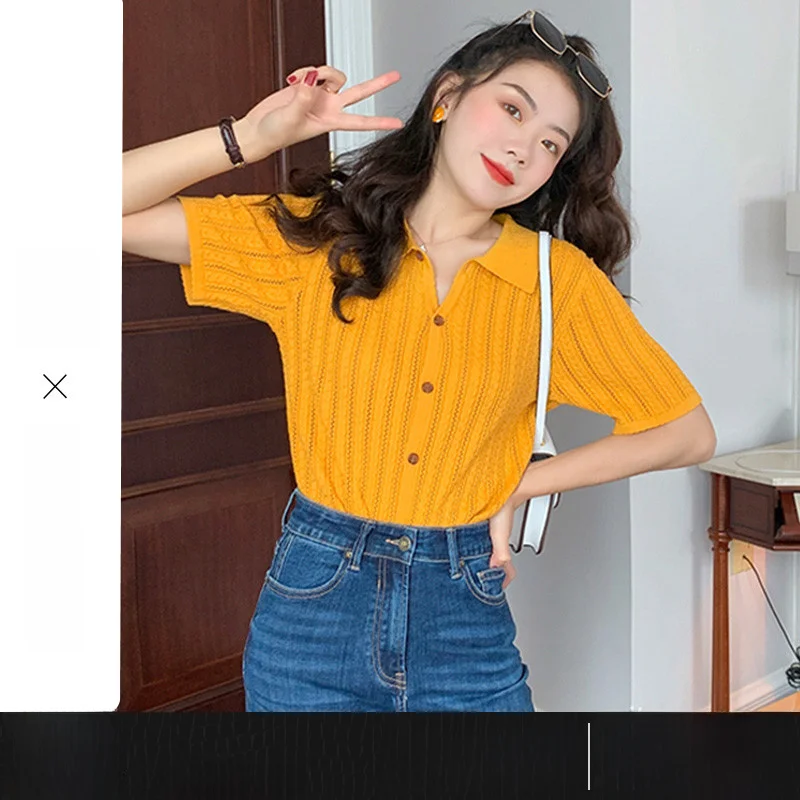 2024 New Summer Polo Collar Short sleeve Knitted Top Thin Design Sense  Ins Trendy Ginger Yellow T-shirt Women