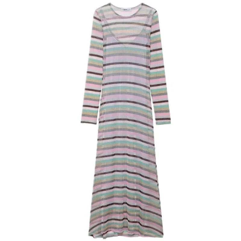 Automne 2025 nouveau femmes longue Sve Dr métal couleur ligne motif Long Dr décontracté Sle autre matériel 00% dames Faion