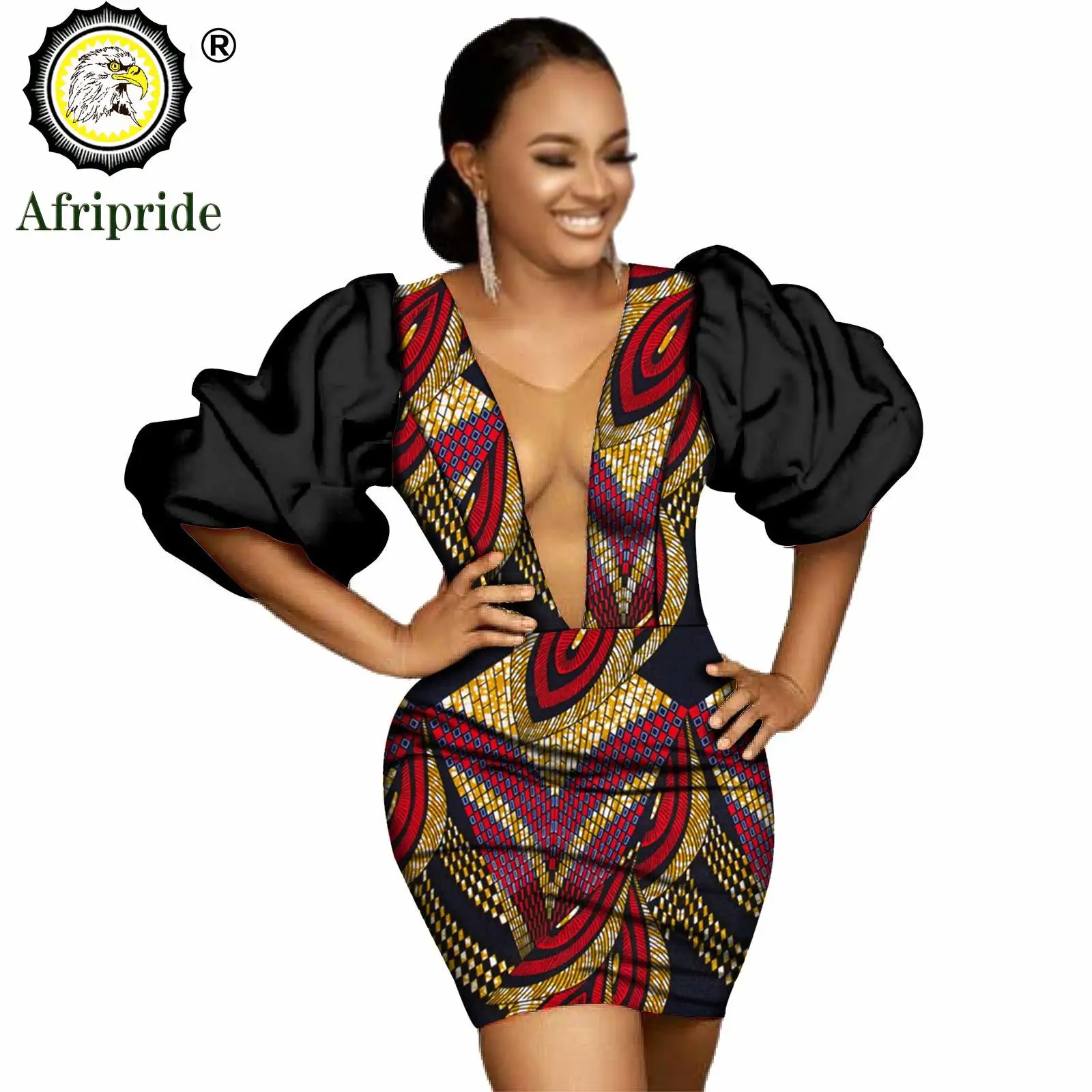 African Dresses for Women Flare Sleeve Deep V-Neck Mini Dress Ankara Print Plus Size Sexy Party Dress Bodycon Dress S2025052