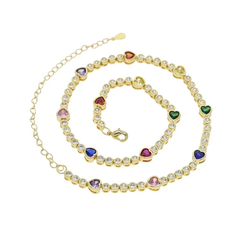 Rainbow Colorful Round Heart CZ Tennis Choker Necklace for Women