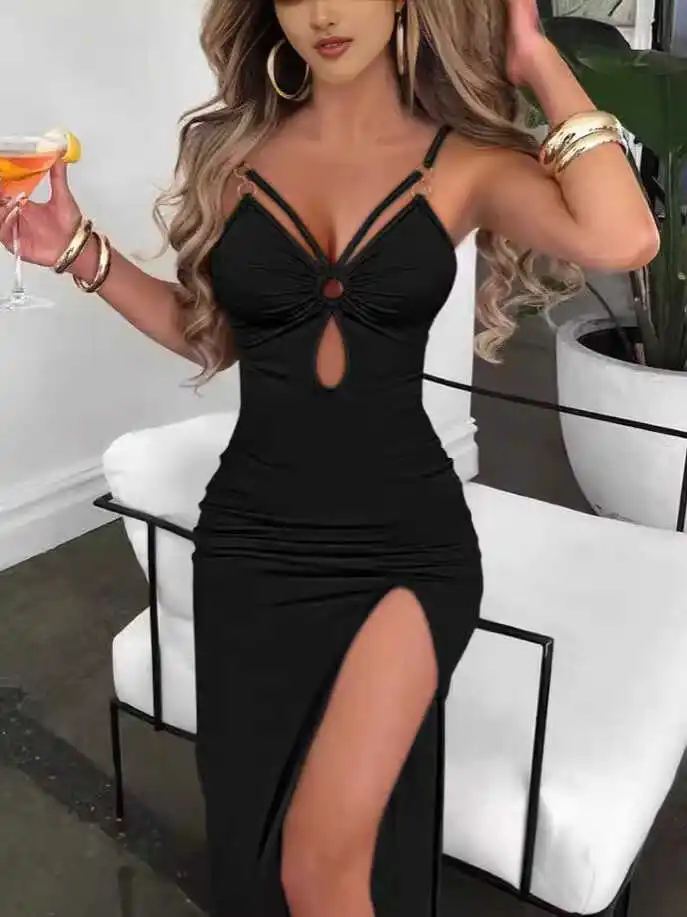 

Sexy Hollow out Svel Split Hip Wrap Dr Women's Faion Bodycon Long Dr V-Ne A-Line Gown for Spring Autumn Winter