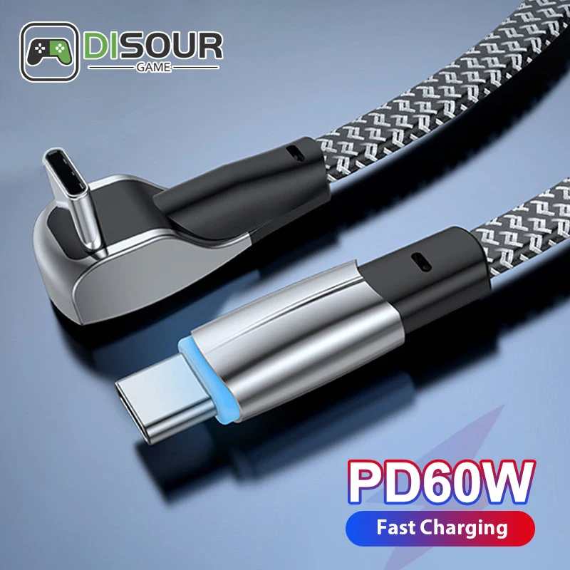 PD 60W Fast Charging Cable Type C To Type C 90 Degree USB C Quick Charger For Tesla Samsung Xiaomi Huawei With Data Transfer