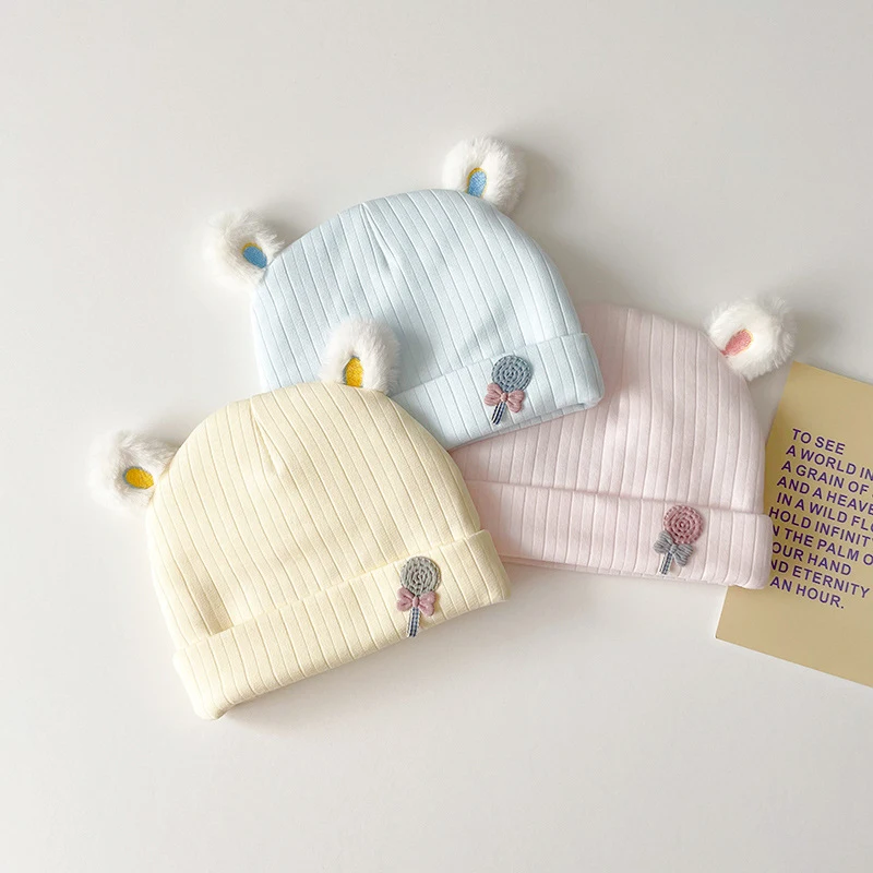 

0-3 Months Newborn Fetal Hats Korean Cute Soft Cotton Boy Girl Autumn Winter Warm Beanies Caps Solid Color Infant Kids Bonnets