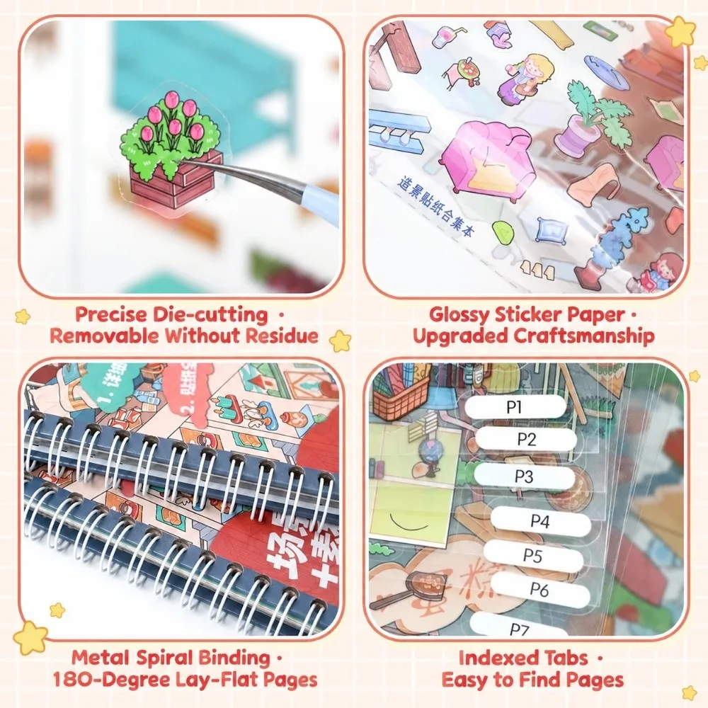 Street Scene Grid Room Landscape Sticker Collection Book Collage PET 3D Miniature Scene Stickers Die-Cut DIY Cabin Scene Sticker