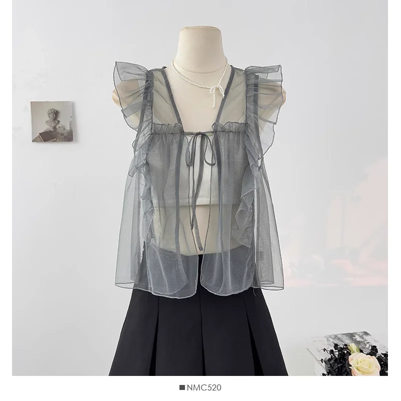 

Fairy Flying Sleeve Lace Tied Shirt Women 2025 Summer Sweet Ruffle Sheer Overlap Solid Crop Top Hollowed Slim Cardigan