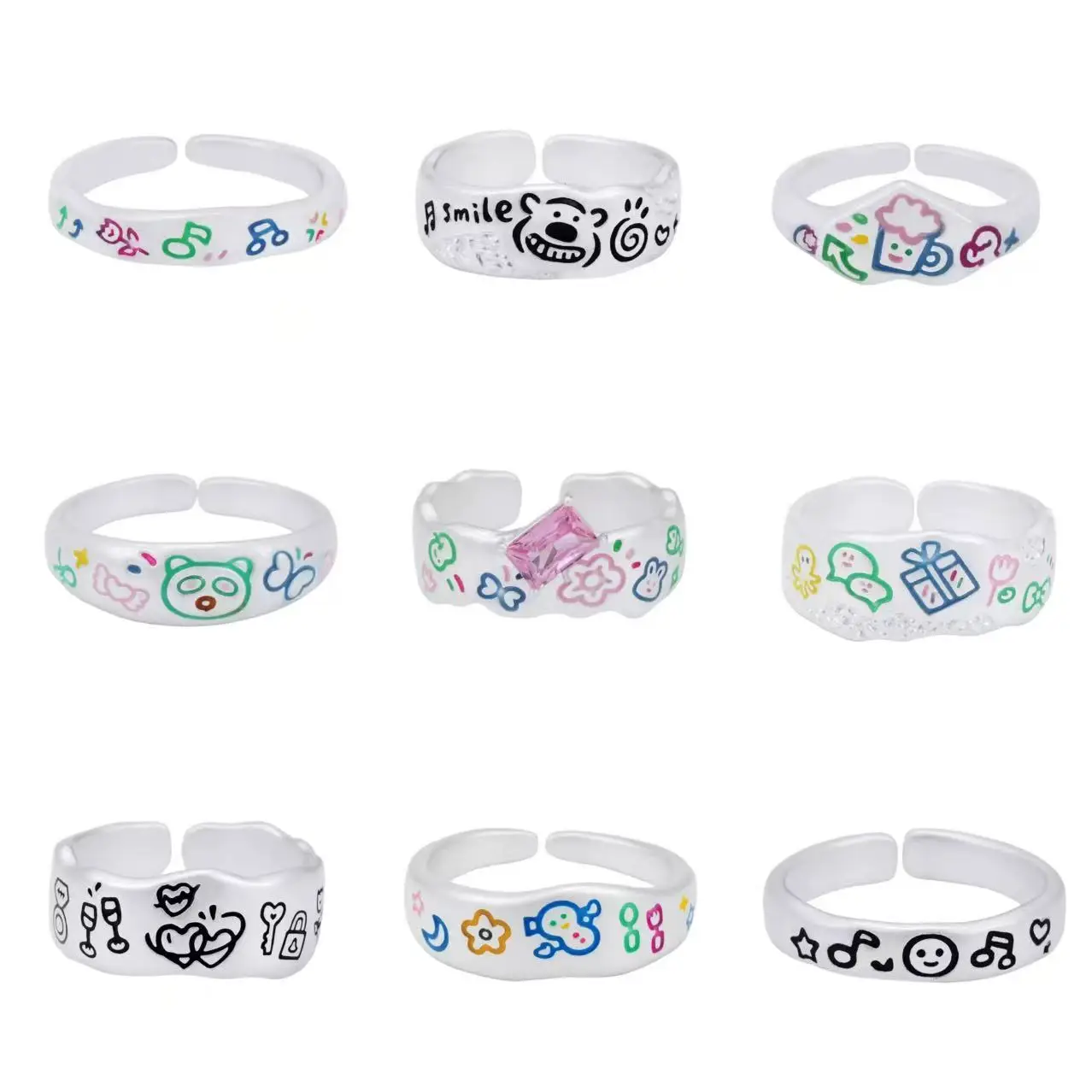 New Fashion Graffiti Style Colorful Painting Rings for Girls Women 925silver Cartoon Pattern Lovely Jewelry Open Adjustable Ring